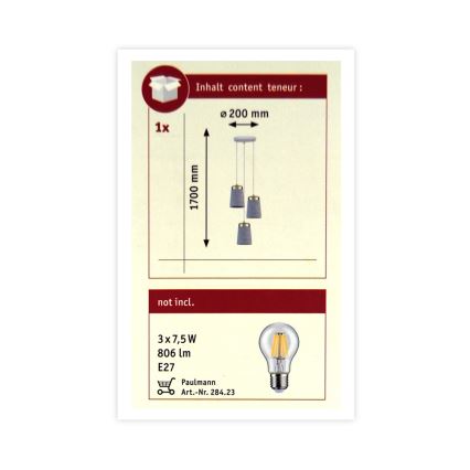 Paulmann 79627 - Żyrandol na lince NORELL 3×E27/20W/230V