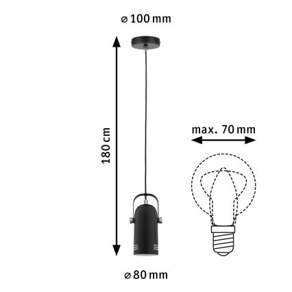 Paulmann 79766 - 1xE27/15W Lampa wisząca na lince LAVEA 230V czarna