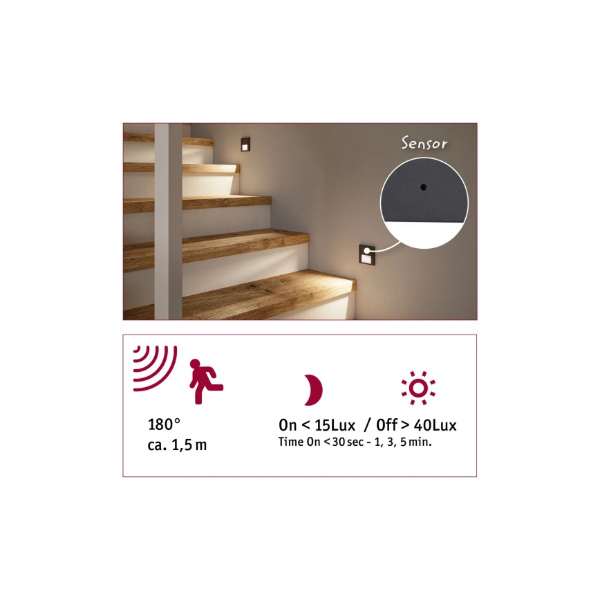 Paulmann 80002 - LED/1W Oświetlenie schodowe z czujnikiem TSARO 230V Lead/białe