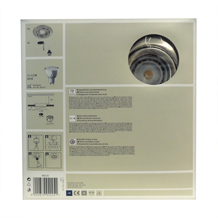Paulmann 92025 - SET 3x LED Oprawa wpuszczana QUALITY LINE 3xGU10-LED/3,5W
