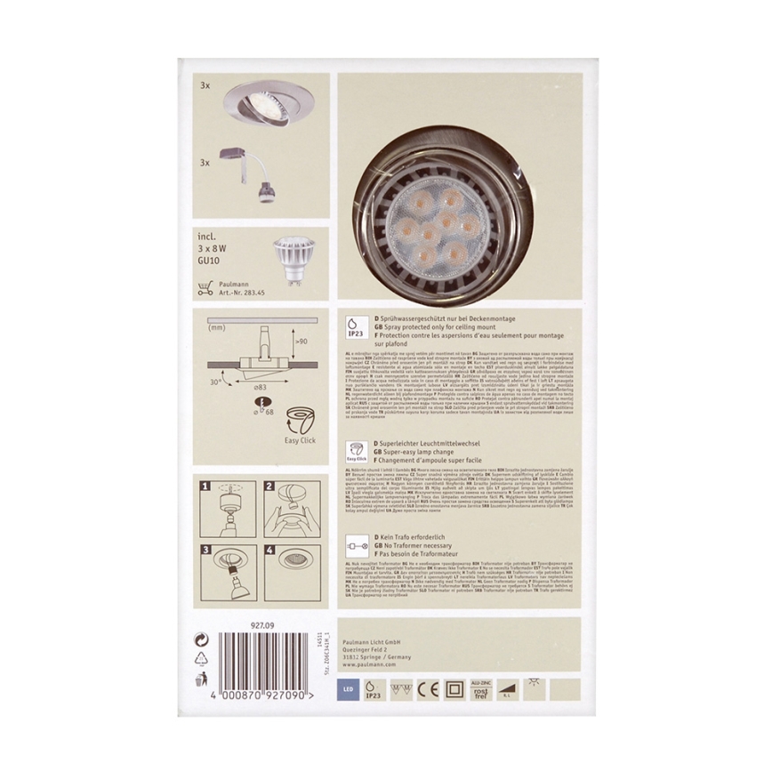 Paulmann 92709 - ZESTAW 3xLED Oprawa wpuszczana 3xGU10/8W/230V