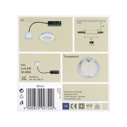 Paulmann 92754 - LED/6,8W IP44 Łazienkowa oprawa wpuszczana COIN 230V