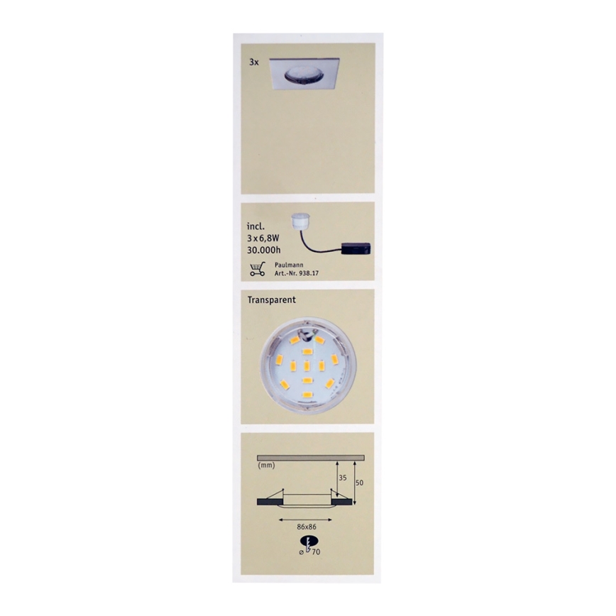 Paulmann 92762 - ZESTAW 3x LED Łazienkowa oprawa wpuszczana COIN 3xLED/6,8W/230V