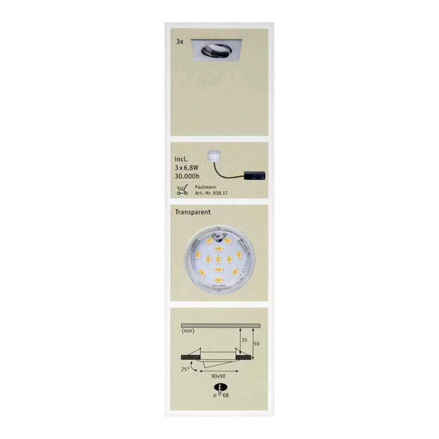 Paulmann 92773 - ZESTAW 3x LED/6,8W Łazienkowa oprawa wpuszczana COIN 230V