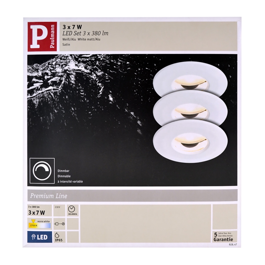 Paulmann 92847 - ZESTAW 3xLED/7W IP65 Ściemnialna łazienkowa oprawa wpusczana COIN 230V