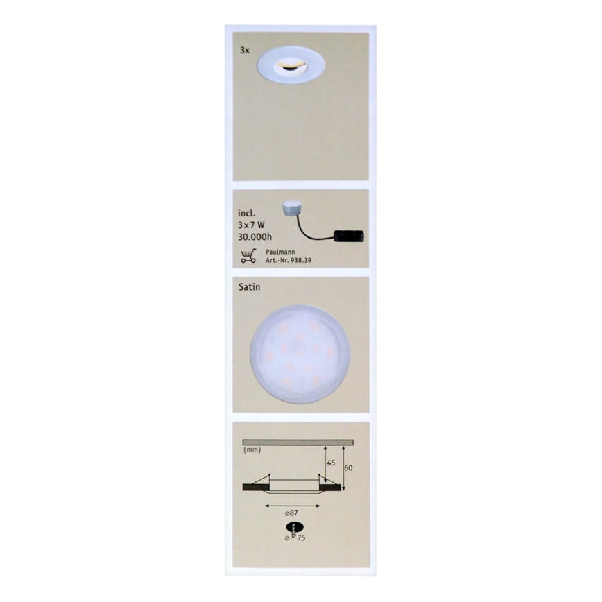 Paulmann 92847 - ZESTAW 3xLED/7W IP65 Ściemnialna łazienkowa oprawa wpusczana COIN 230V