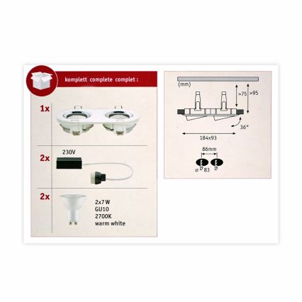 Paulmann 92901 - 2xLED-GU10/7W IP65 Łazienkowa oprawa wpuszczana NOVA 230V