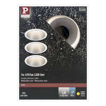 Paulmann 93410 - SET 3xLED/6,5W IP44 Ściemnialne wpuszczane oświetlenie łazienkowe COLE 230V