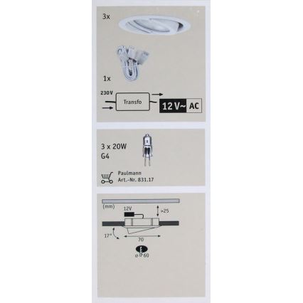 Paulmann 93523 - SET 3x Oprawa wpuszczana MICRO G4/20W/230V/12V