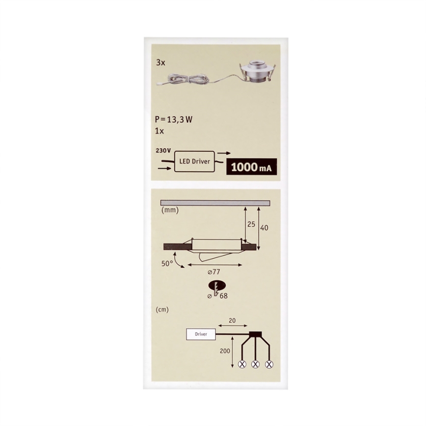 Paulmann 93579 - ZESTAW 3xLED Oprawa wpuszczana 3xLED/3,8W/230/12V
