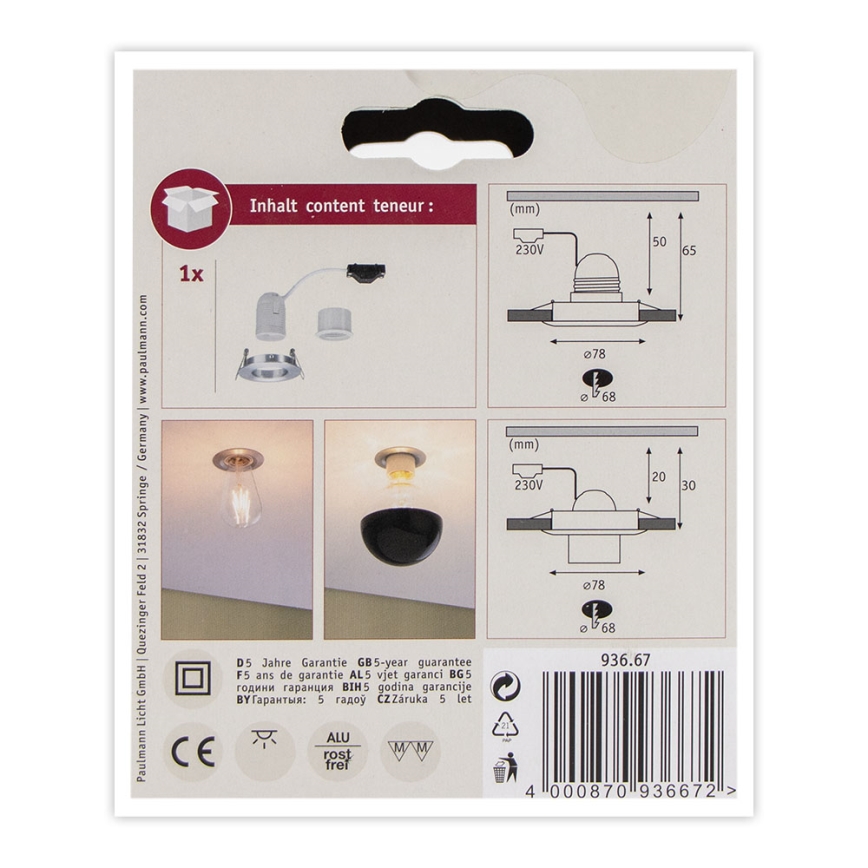 Paulmann 93667 - 1xE27/10W Oprawa wpuszczana NOVA 230V matowy chrom