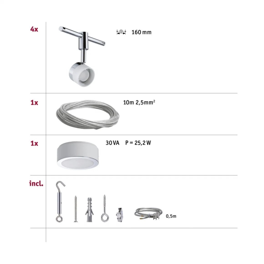 Paulmann 94080 - Zestaw 4xLED/4,8W Kompletny system linkowy STAGE 230V w błyszczącym chromie