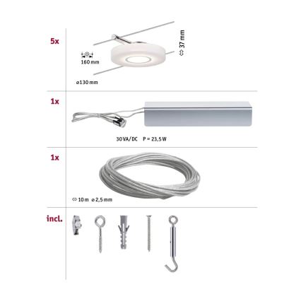 Paulmann 94109 - ZESTAW 5xLED/4,3W Oświetlenie punktowe do systemu strunowego MAC 230V
