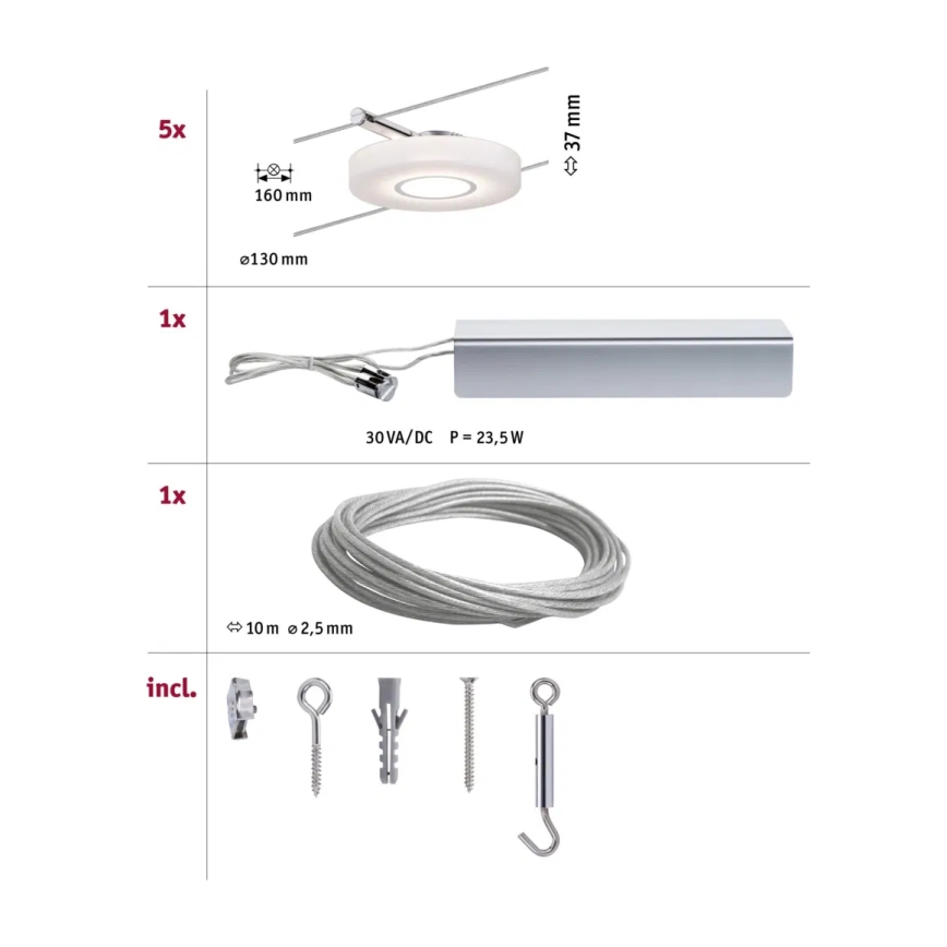 Paulmann 94109 - ZESTAW 5xLED/4,3W Oświetlenie punktowe do systemu strunowego MAC 230V