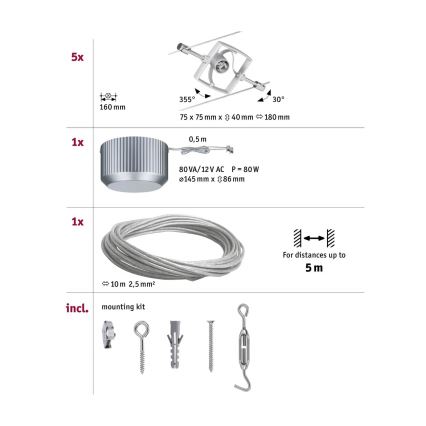 Paulmann 94133 - Zestaw 5 żarówek GU5.3/10W z kompletnym systemem linkowym MAC 230V, matowy chrom