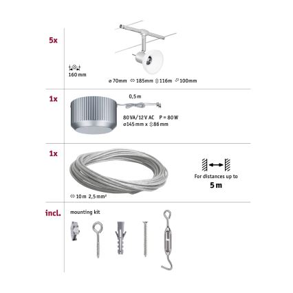 Paulmann 94136 - Zestaw 5xGU5,3/10W, kompletny system linowy SHEELA 230V, chrom błyszczący