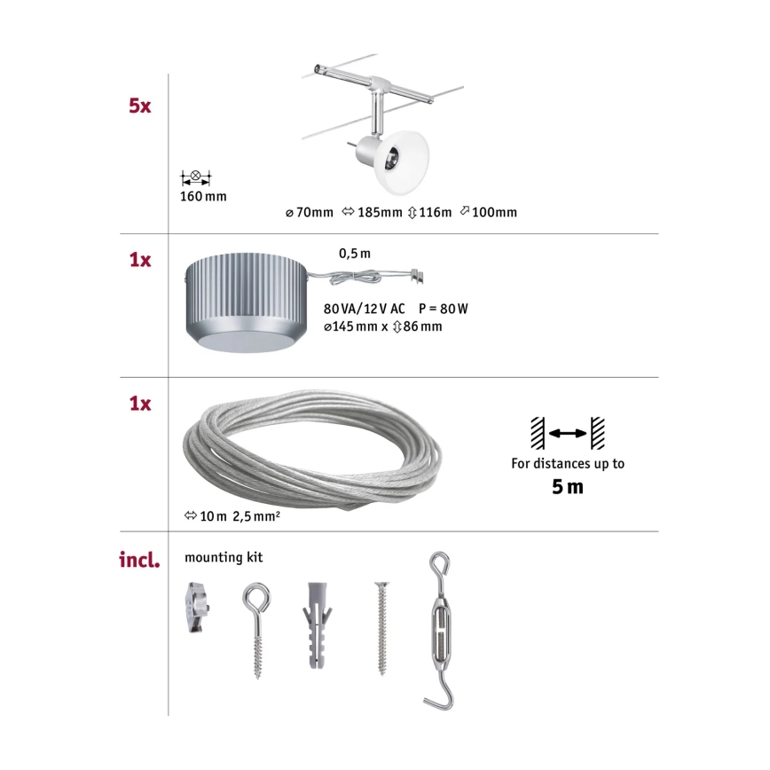 Paulmann 94136 - Zestaw 5xGU5,3/10W, kompletny system linowy SHEELA 230V, chrom błyszczący