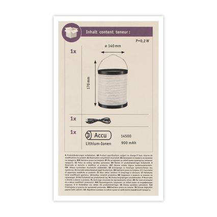Paulmann 94169 - LED/0,2W IP44 Dekoracyjna oprawa zewnętrzna MOBILE 3,7V 900 mAh