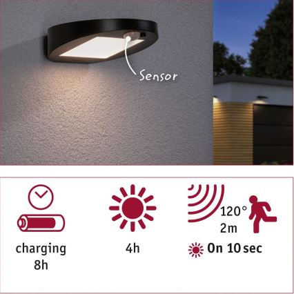 Paulmann 94246 - LED/1,2W IP44 Zewnętrzne oświetlenie solarne z czujnikiem RYSE 3,7V 1800 mAh