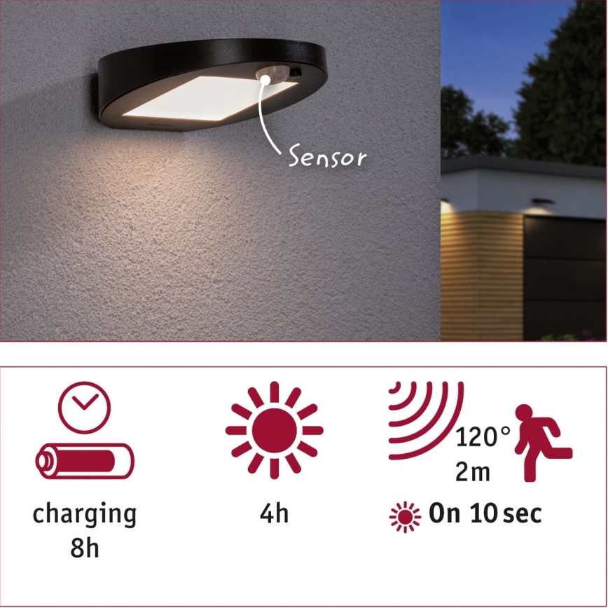 Paulmann 94246 - LED/1,2W IP44 Zewnętrzne oświetlenie solarne z czujnikiem RYSE 3,7V 1800 mAh