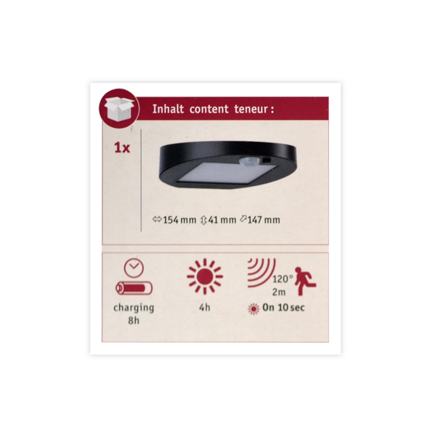 Paulmann 94246 - LED/1,2W IP44 Zewnętrzne oświetlenie solarne z czujnikiem RYSE 3,7V 1800 mAh