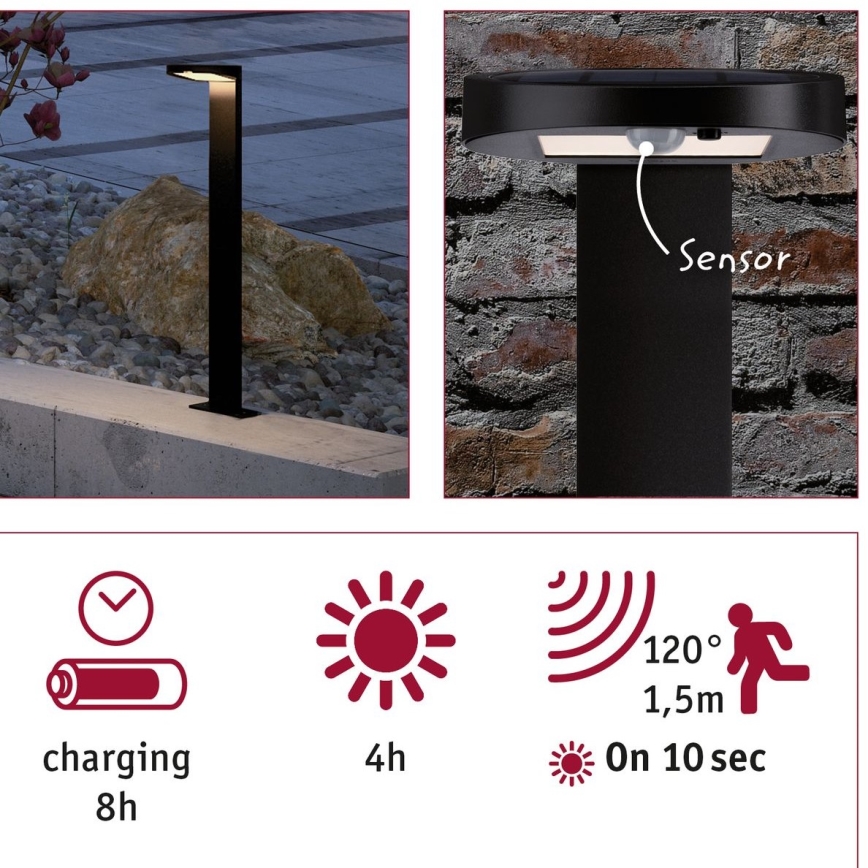 Paulmann 94249 - LED/1,2W IP44 Zewnętrzna lampa solarna z czujnikiem RYSE 3,7V 1800 mAh