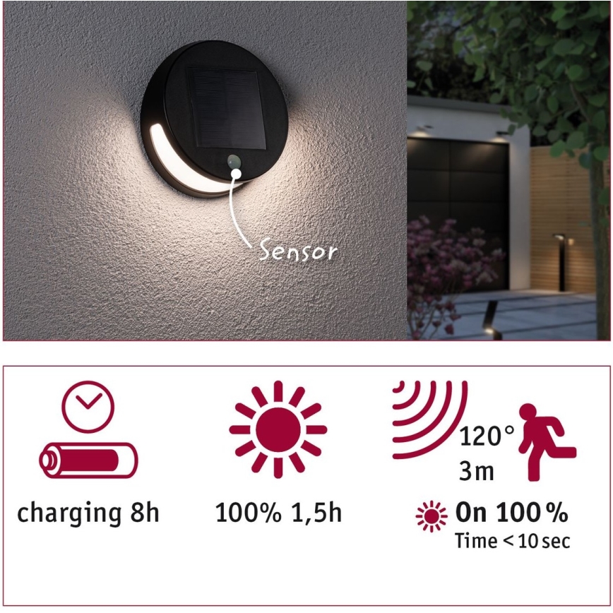 Paulmann 94265 - LED/3W IP44 Zewnętrzne oświetlenie solarne z czujnikiem HELENA 3,7V 1800 mAh