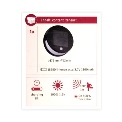 Paulmann 94265 - LED/3W IP44 Zewnętrzne oświetlenie solarne z czujnikiem HELENA 3,7V 1800 mAh