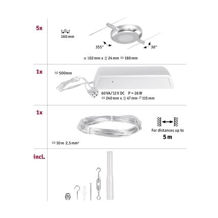 Paulmann 94414 - ZESTAW 5xLED/4,5W Oświetlenie punktowe dla systemu sznurkowego ROUNDMAC 230V chrom błyszczący