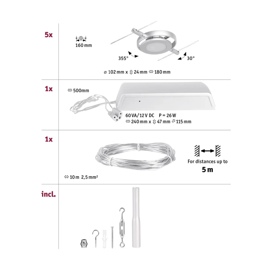 Paulmann 94414 - ZESTAW 5xLED/4,5W Oświetlenie punktowe dla systemu sznurkowego ROUNDMAC 230V chrom błyszczący