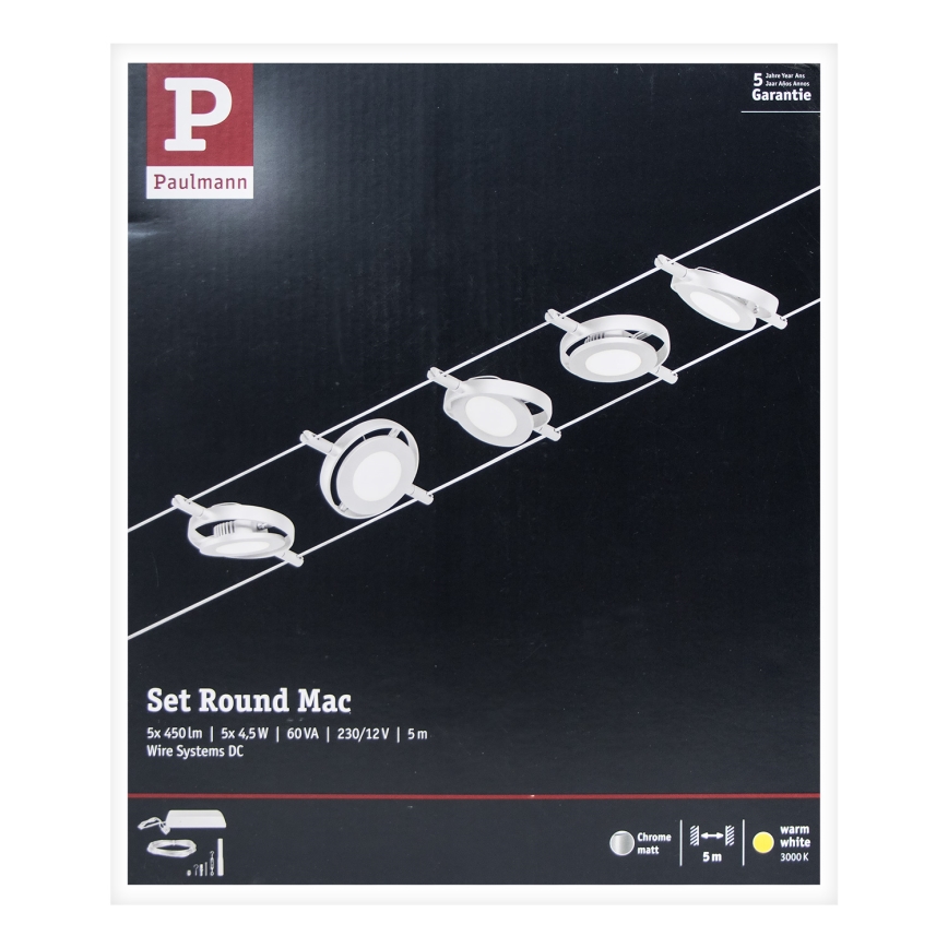 Paulmann 94414 - ZESTAW 5xLED/4,5W Oświetlenie punktowe dla systemu sznurkowego ROUNDMAC 230V chrom błyszczący
