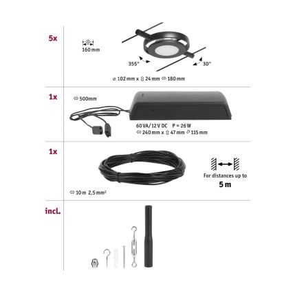 Paulmann 94418 - ZESTAW 5xLED/4,5W Oświetlenie punktowe do systemu sznurkowego ROUNDMAC 230V czarne