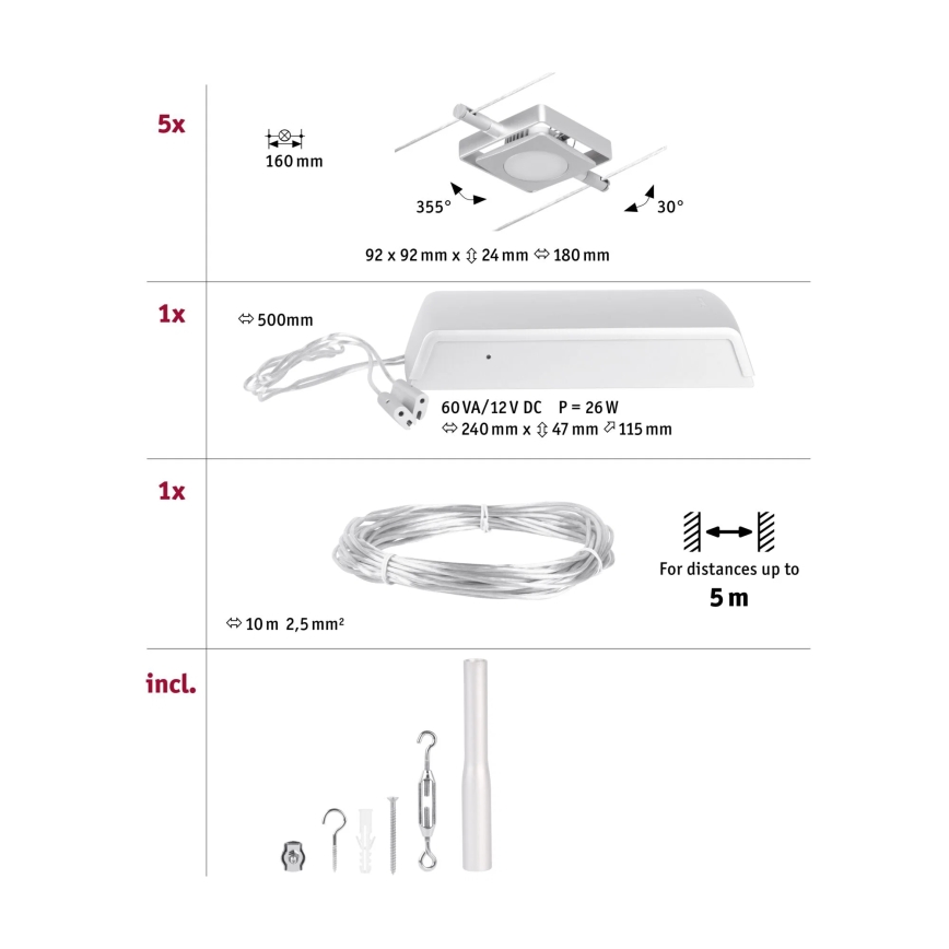 Paulmann 94420 - Zestaw 5xLED/4,5W Kompletny system linkowy MAC 230V matowy chrom