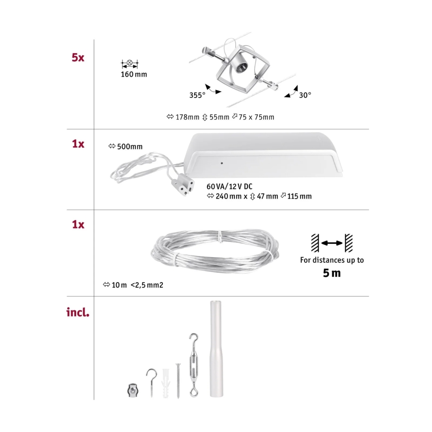 Paulmann 94430 - ZESTAW 5xGU5,3/10W Oprawa punktowa do systemu linkowego MAC 230V chrom matowy