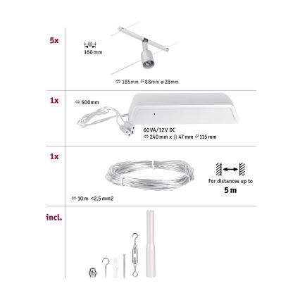 Paulmann 94442 - ZESTAW 5xGU5,3/10W Kompletny system linowy SALT 230V matowy chrom