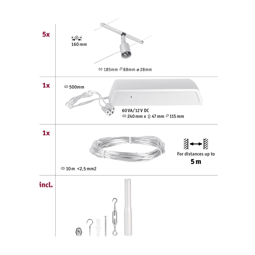 Paulmann 94442 - ZESTAW 5xGU5,3/10W Kompletny system linowy SALT 230V matowy chrom
