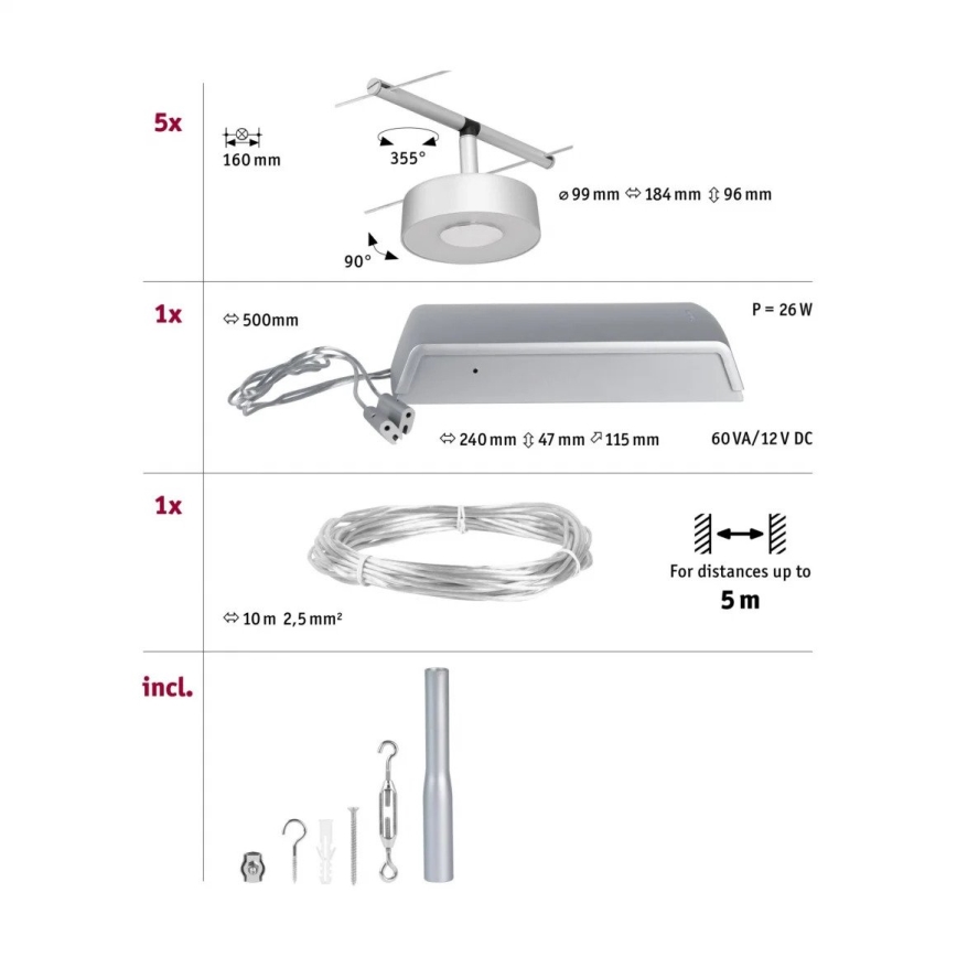 Paulmann 94475 - Zestaw 5xLED/5W kompletny system linkowy CIRCLE 230V matowy chrom