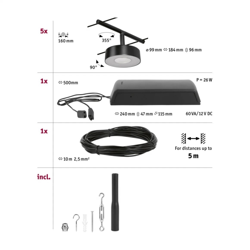 Paulmann 94479 - ZESTAW 5xLED/5W Kompletny system linkowy CIRCLE 230V czarny
