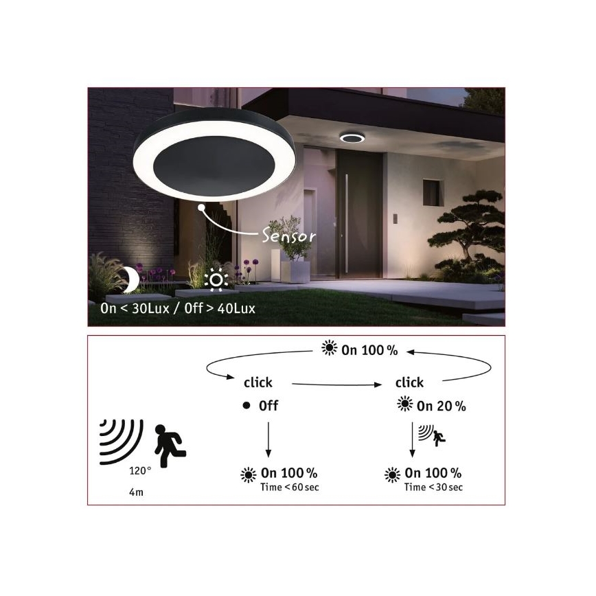 Paulmann 94526 - LED/14W IP44 Plafon zewnętrzny z czujnikiem CIRCULA 230V