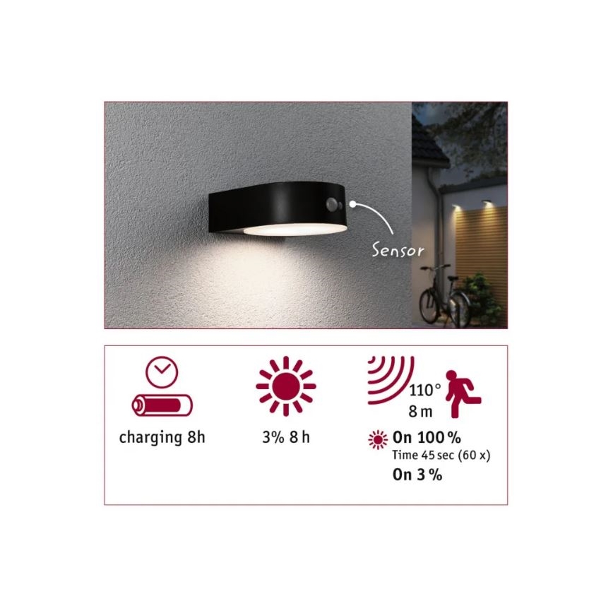 Paulmann 94570 - LED/5,5W IP44 Solarna lampa ścienna z czujnikiem EILEEN 3,7V 2000 mAh