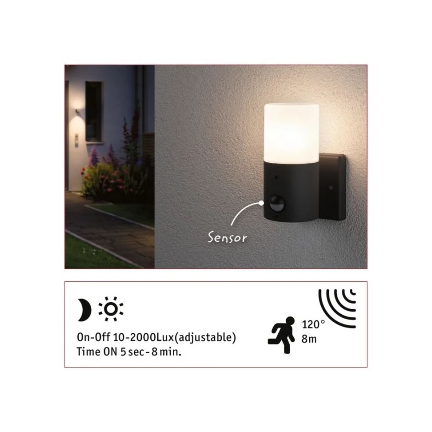 Paulmann 94648 - 1xE27/15W IP44 Kinkiet zewnętrzny z czujnikiem TUBS 230V