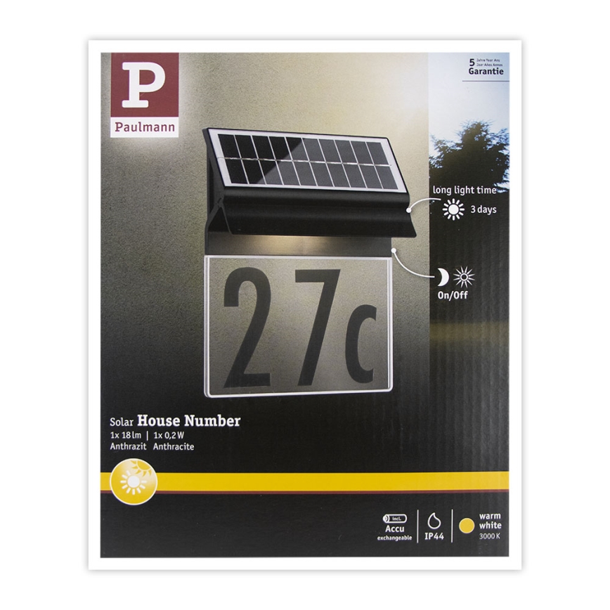 Paulmann 94694 - LED/0,2W IP44 Solarny numer domu NEDA 3,7V 1800 mAh
