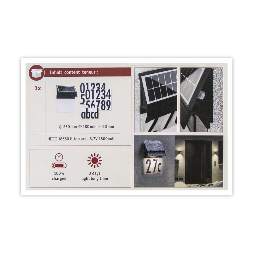 Paulmann 94694 - LED/0,2W IP44 Solarny numer domu NEDA 3,7V 1800 mAh