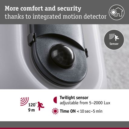 Paulmann 94958 - LED/18,5W IP65 Ściemnialna zewnętrzna oprawa ścienna z czujnikiem ruchu i zmierzchu ELUNOR 230V 2200/3000/4000K antracyt