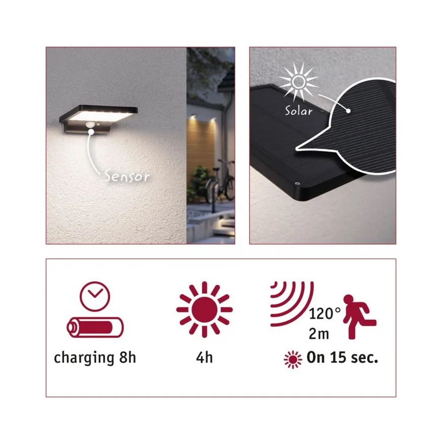 Paulmann 95393 - LED/4W IP44 Ścienna lampa solarna ściemnialna z czujnikiem SOLVEIG 3,7V 2000 mAh