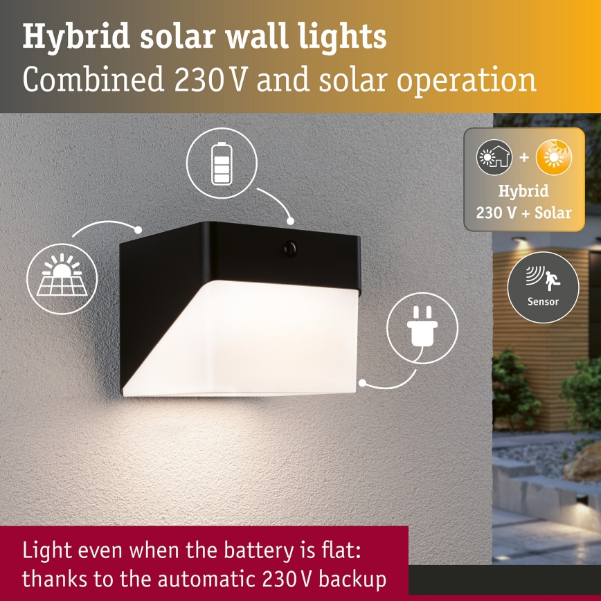 Paulmann 95746 - LED/2,3W IP44 Kinkiet solarny z czujnikiem EILEEN 3,7/230V 4000 mAh czarny