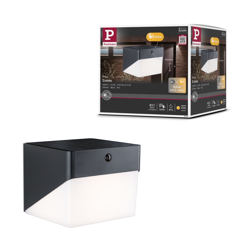 Paulmann 95746 - LED/2,3W IP44 Kinkiet solarny z czujnikiem EILEEN 3,7/230V 4000 mAh czarny