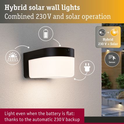 Paulmann 95747 - LED/2,3W IP44 Kinkiet solarny z czujnikiem CALYNE 3,7/230V 4000 mAh czarny