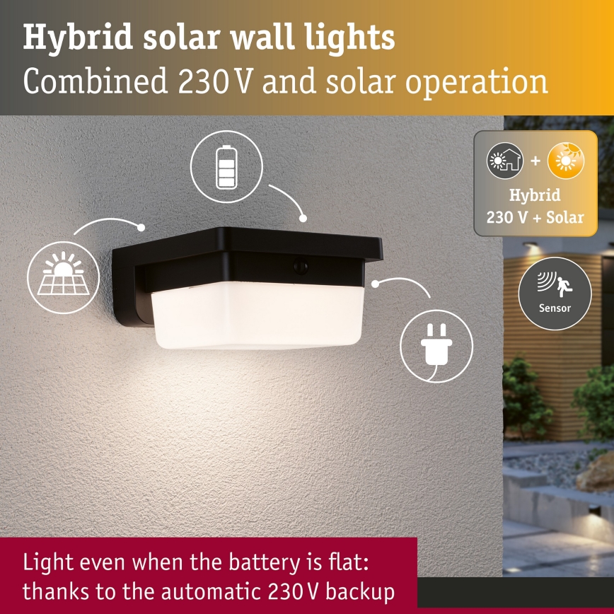 Paulmann 95748 - LED/2,3W IP44 Solarny kinkiet z czujnikiem ISLEEN 3,7/230V 4000 mAh czarny