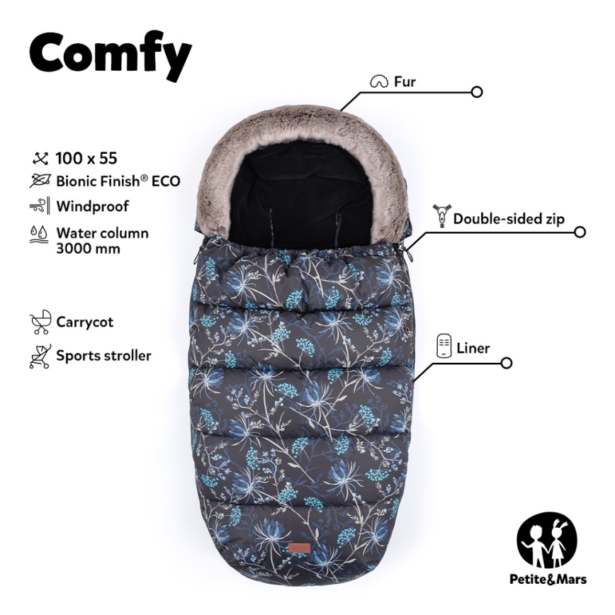 PETITE&MARS - Śpiwór dziecięcy 4 w 1 COMFY Stylish Beauty szary/niebieski